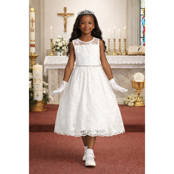NEW Girls First Holy Communion Dress Size 10 Embroidered Tulle Sequin  Tea-Length